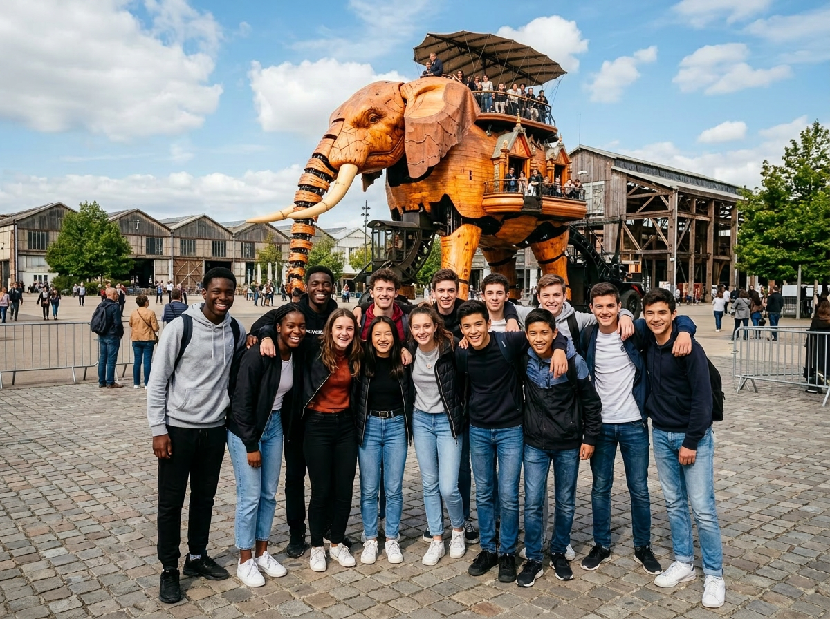 Groupe d'adolescents devant l'éléphant de Nantes