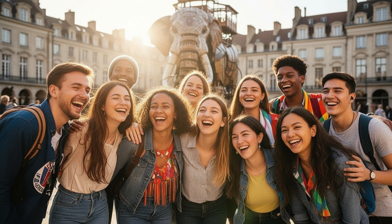 Happy international students with elephant of Nantes
